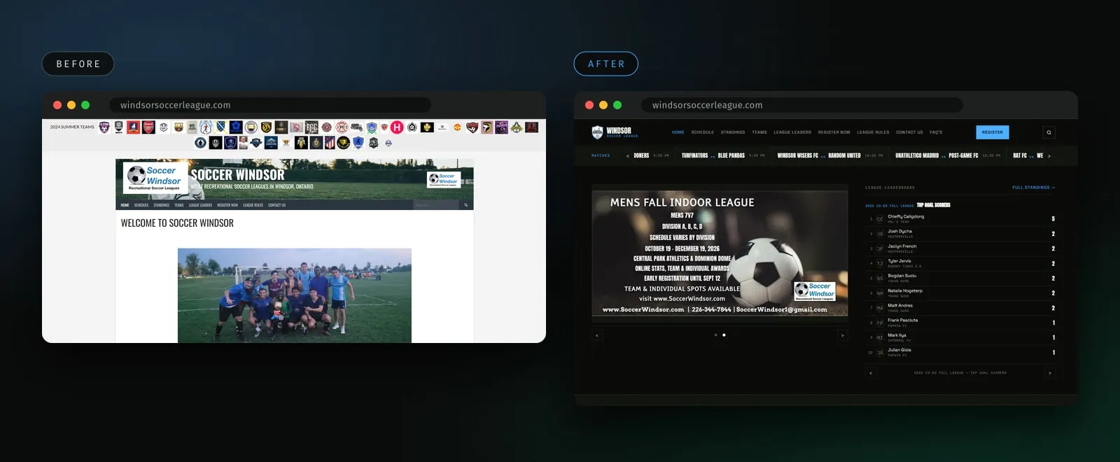 Before and after of the Windsor Soccer League homepage: the old WordPress site and the new dark theme with a news slider, leaderboard and match ticker