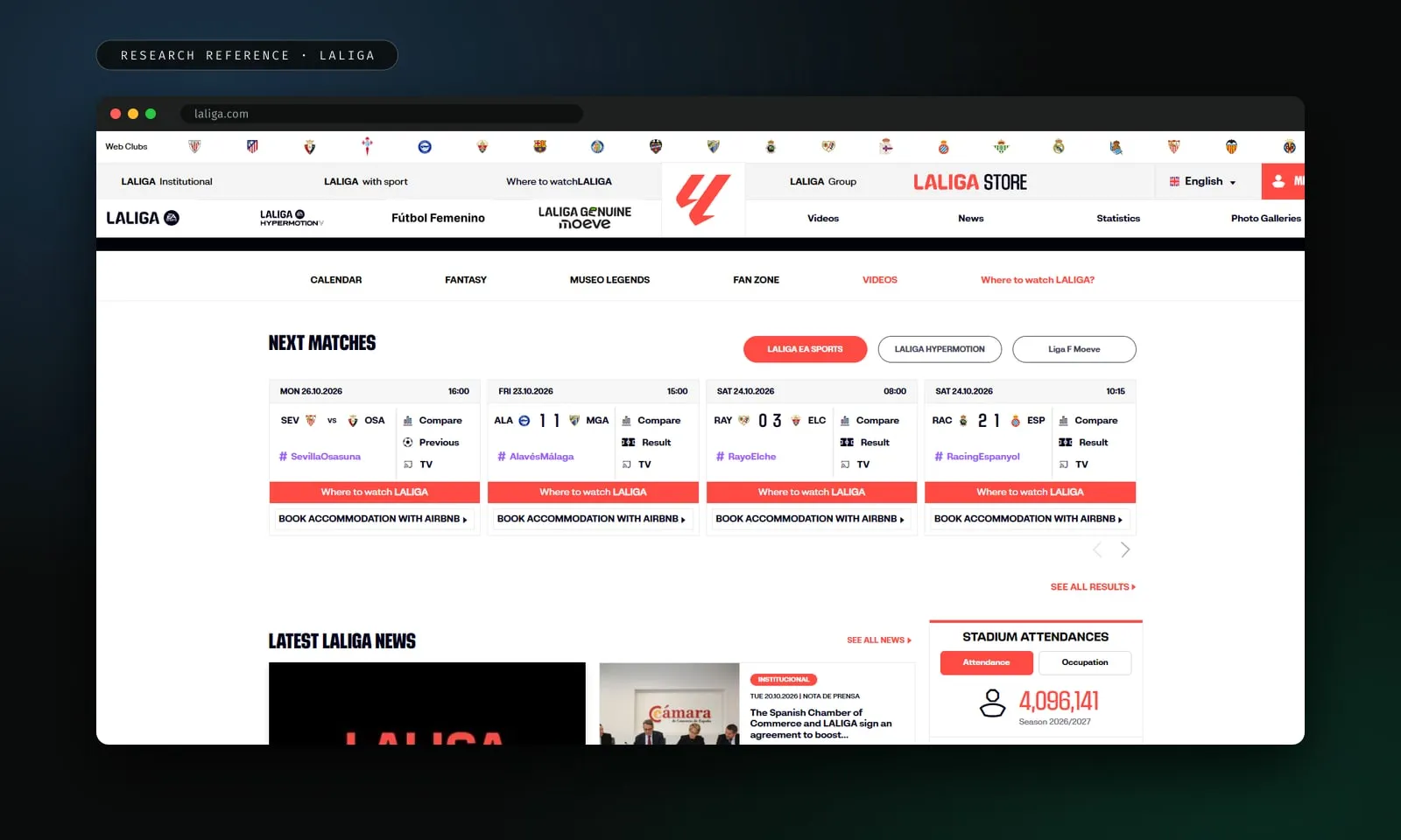 LaLiga’s homepage, used as a design reference for next matches, latest news and statistics