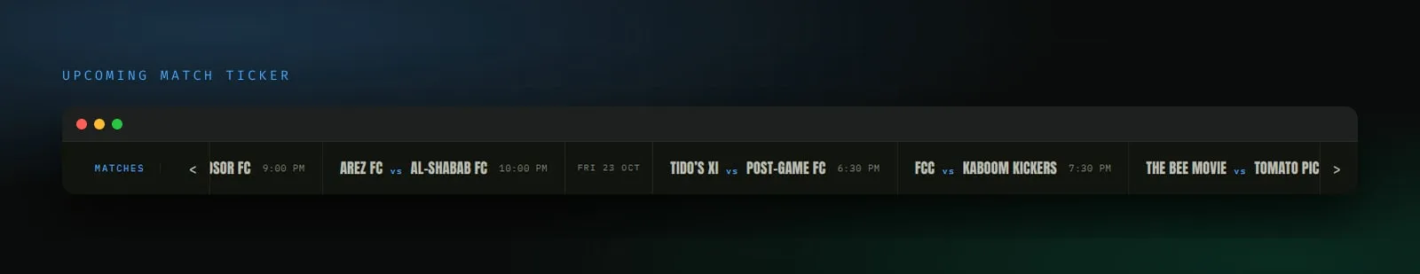 The upcoming match ticker on the Windsor Soccer League website, showing fixtures and kickoff times