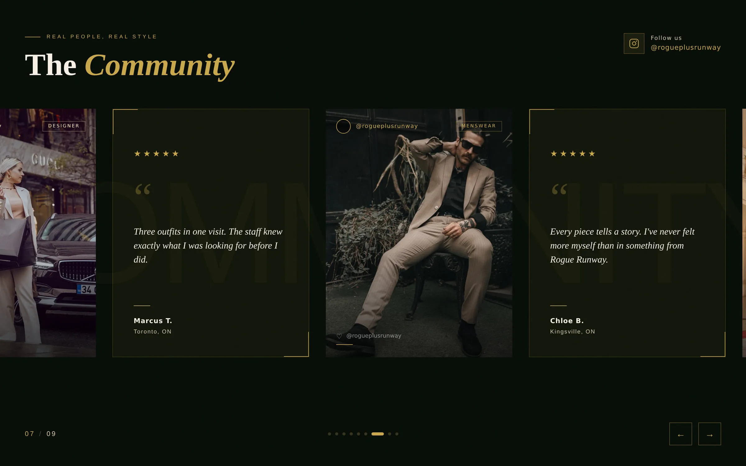The Community section — customer photos and reviews on the Rogue + Runway website