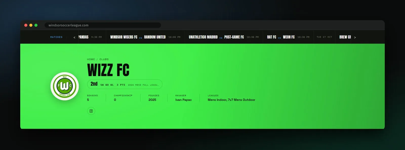 The Wizz FC team page, showing standing, seasons, championships, founding year, manager and leagues