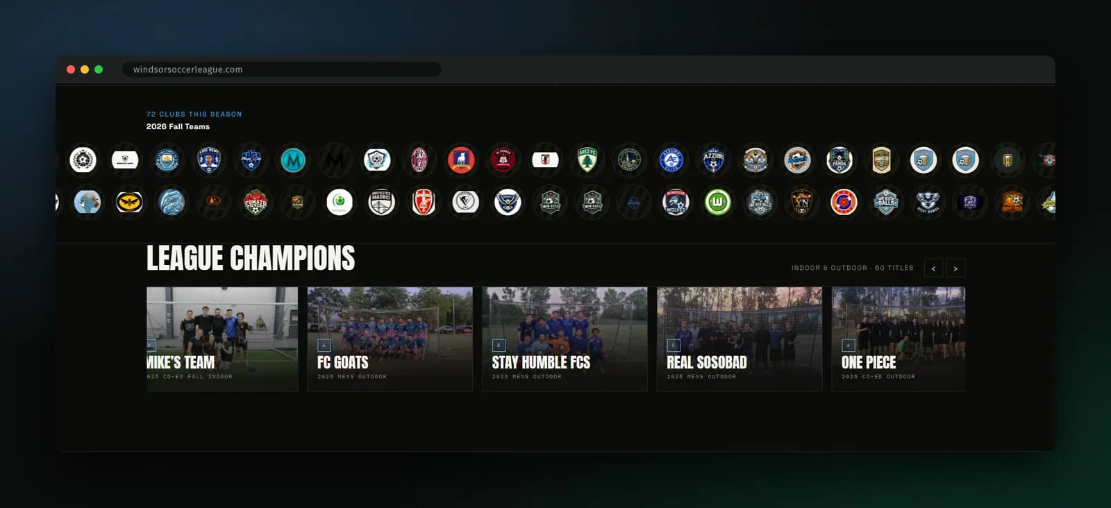 The 2026 fall team logo wall with 72 clubs in two auto-scrolling rows, above the League Champions carousel